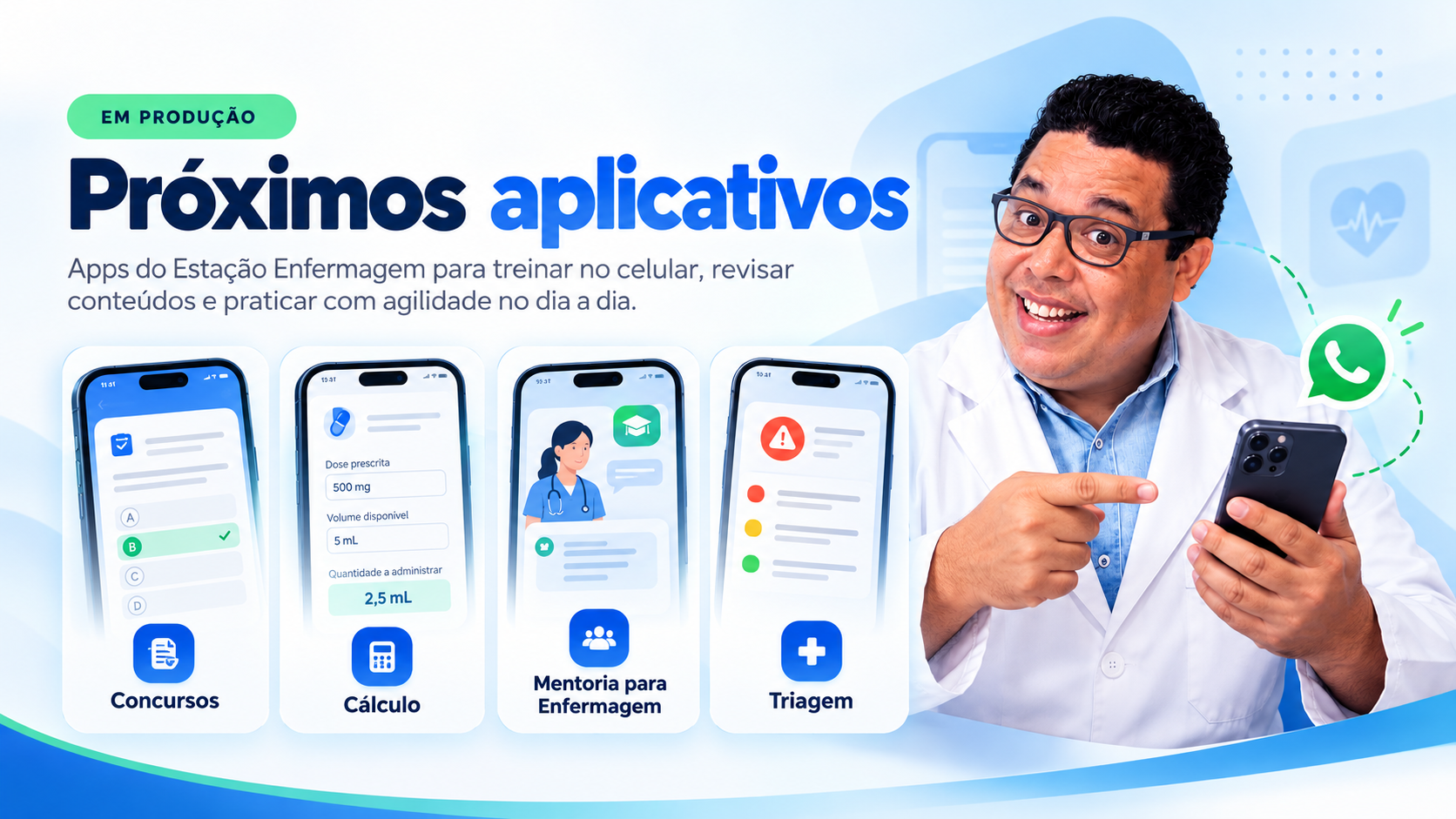 Em produção: próximos aplicativos Estação Enfermagem — Concursos, Cálculo, Vistoria e Triagem