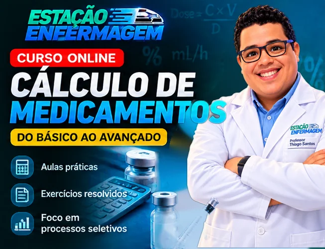 Banner do Curso Online de Cálculo de Medicamentos, do básico ao avançado, com o Prof. Thiago Santos